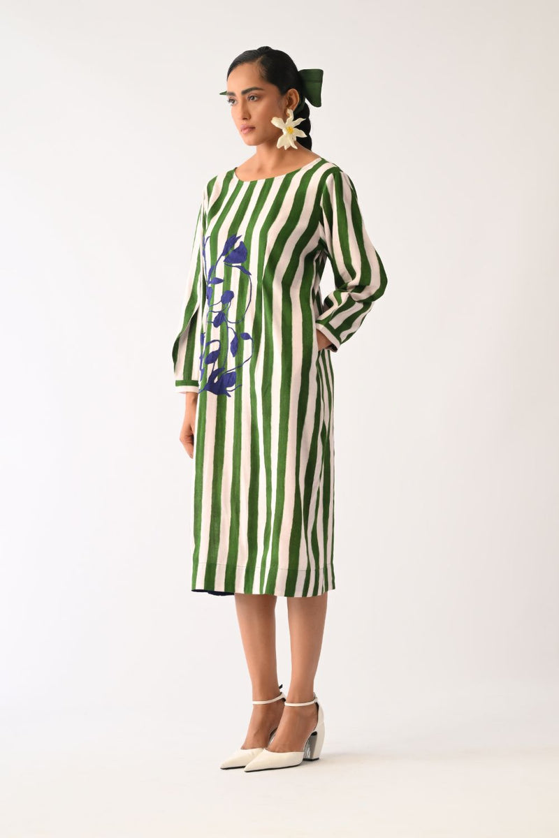 Revolt G Midi Gathered Appliqué Dress cotton dress by O'Frida in green & white for women Worldwide