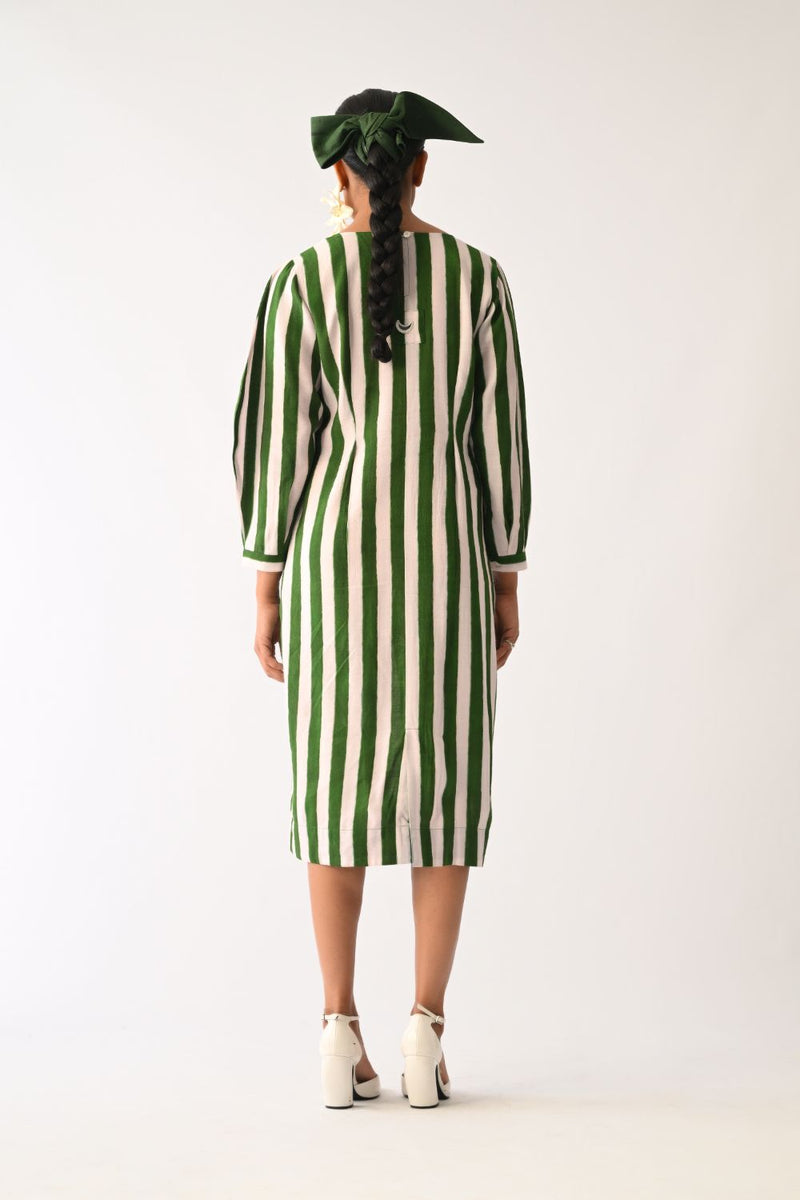 Revolt G Midi Gathered Appliqué Dress cotton dress by O'Frida in green & white for women Worldwide