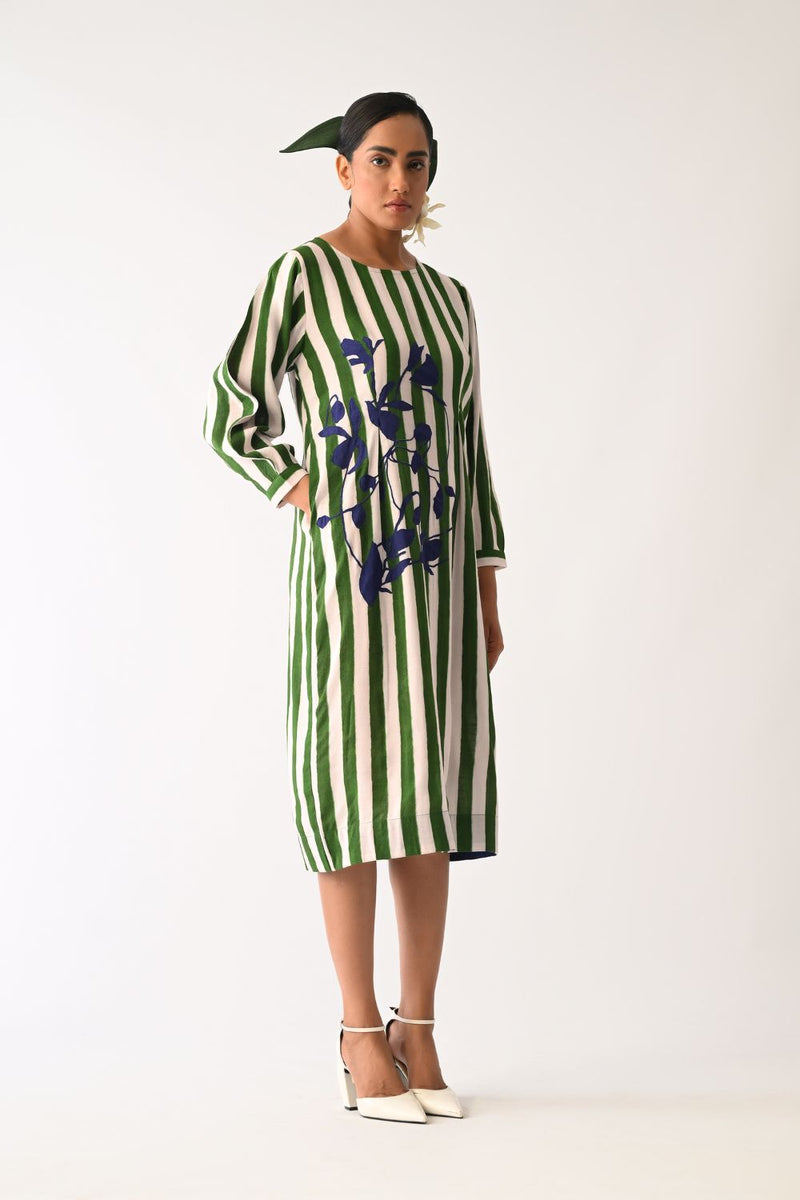 Revolt G Midi Gathered Appliqué Dress cotton dress by O'Frida in green & white for women Worldwide