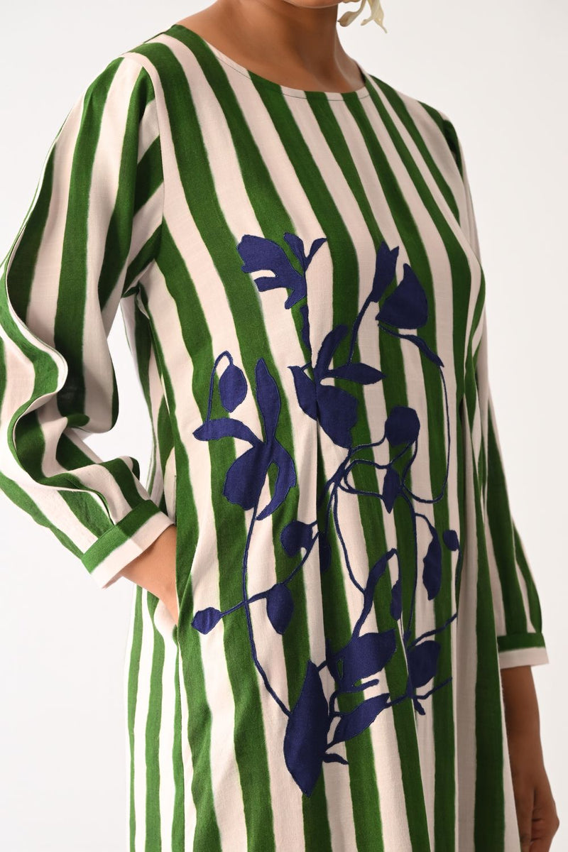 Revolt G Midi Gathered Appliqué Dress cotton dress by O'Frida in green & white for women Worldwide