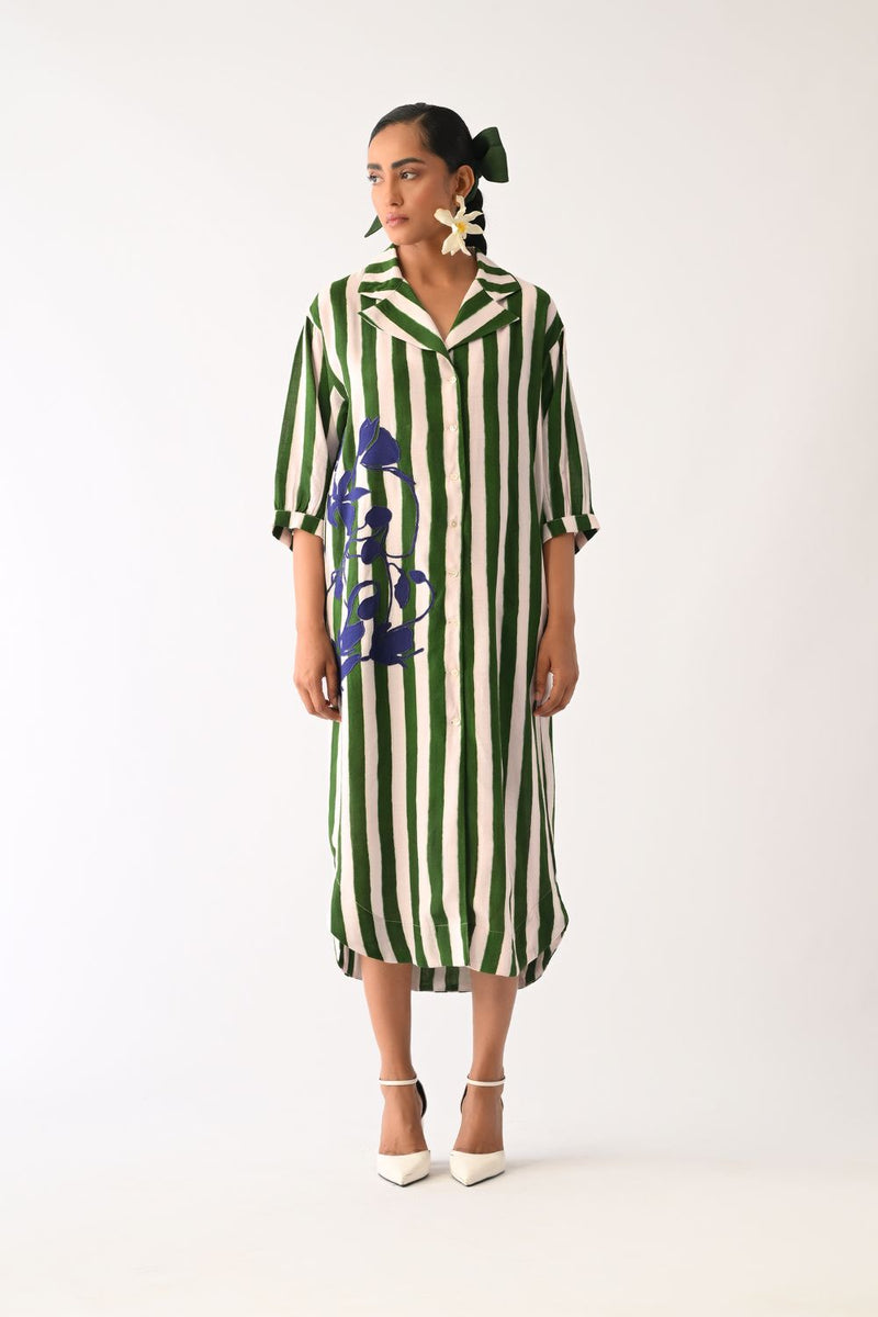 Revolt G Trench Appliqué Dress cotton dress by O'Frida in green & white for women Worldwide
