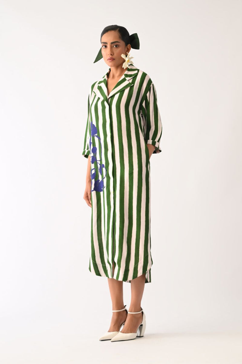 Revolt G Trench Appliqué Dress cotton dress by O'Frida in green & white for women Worldwide