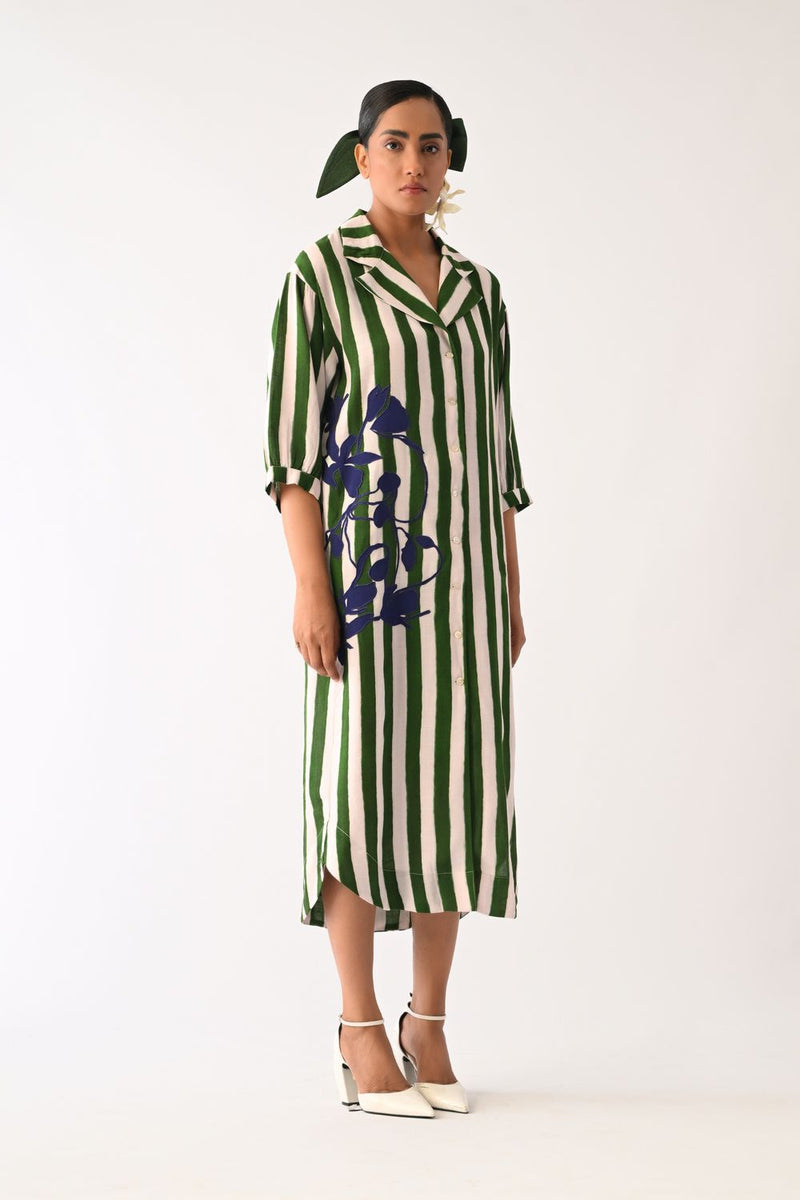 Revolt G Trench Appliqué Dress cotton dress by O'Frida in green & white for women Worldwide