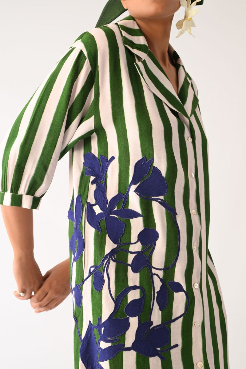 Revolt G Trench Appliqué Dress cotton dress by O'Frida in green & white for women Worldwide