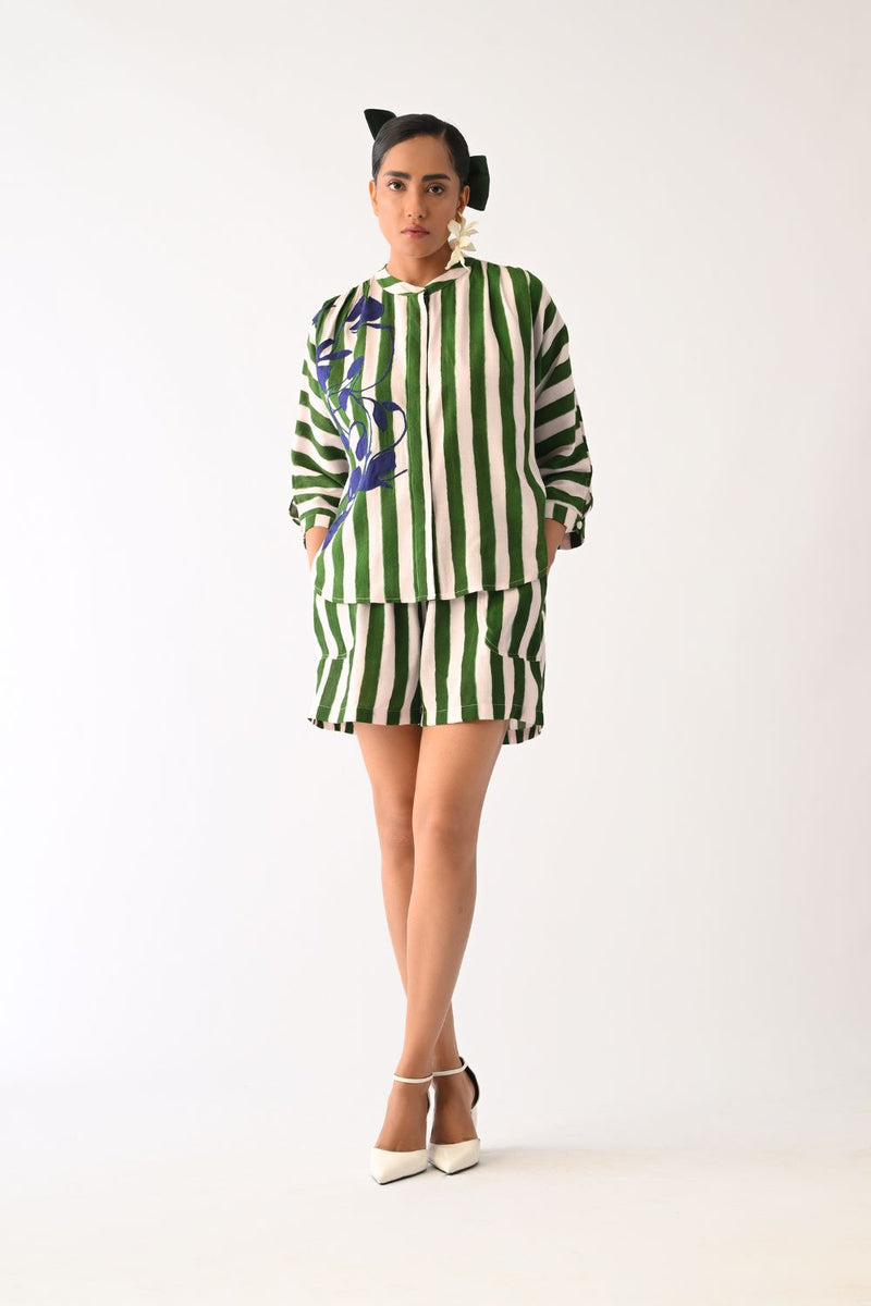 Revolt G Shorts cotton shorts-for-women by O'Frida in green & white for women Worldwide