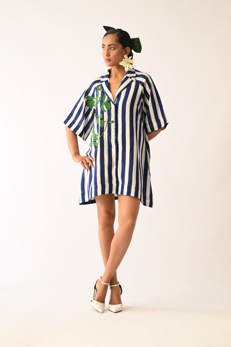 Revolt RB Trench Aline Short Appliqué Dress cotton dress by O'Frida in royal blue & white for women Worldwide