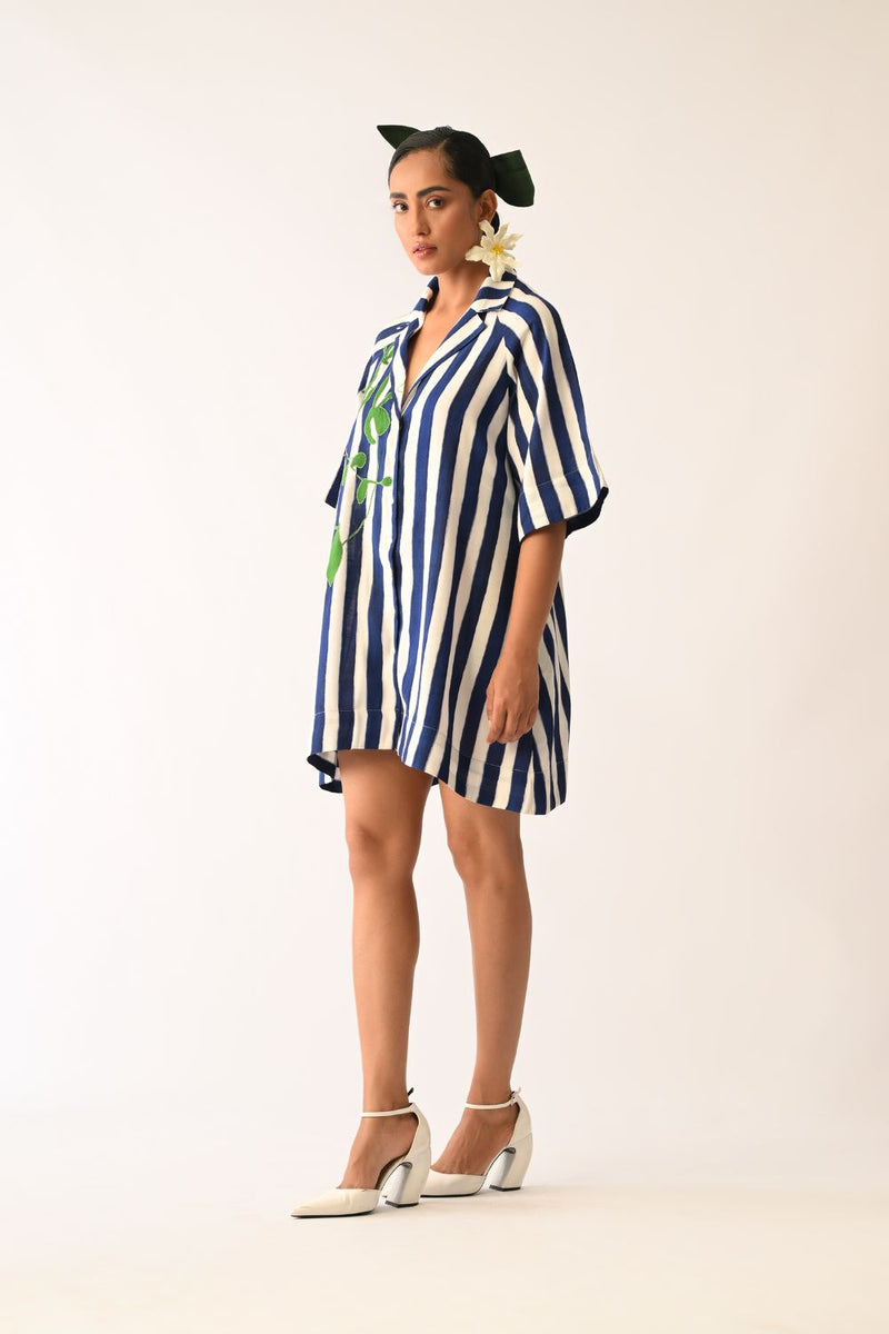 Revolt RB Trench Aline Short Appliqué Dress cotton dress by O'Frida in royal blue & white for women Worldwide