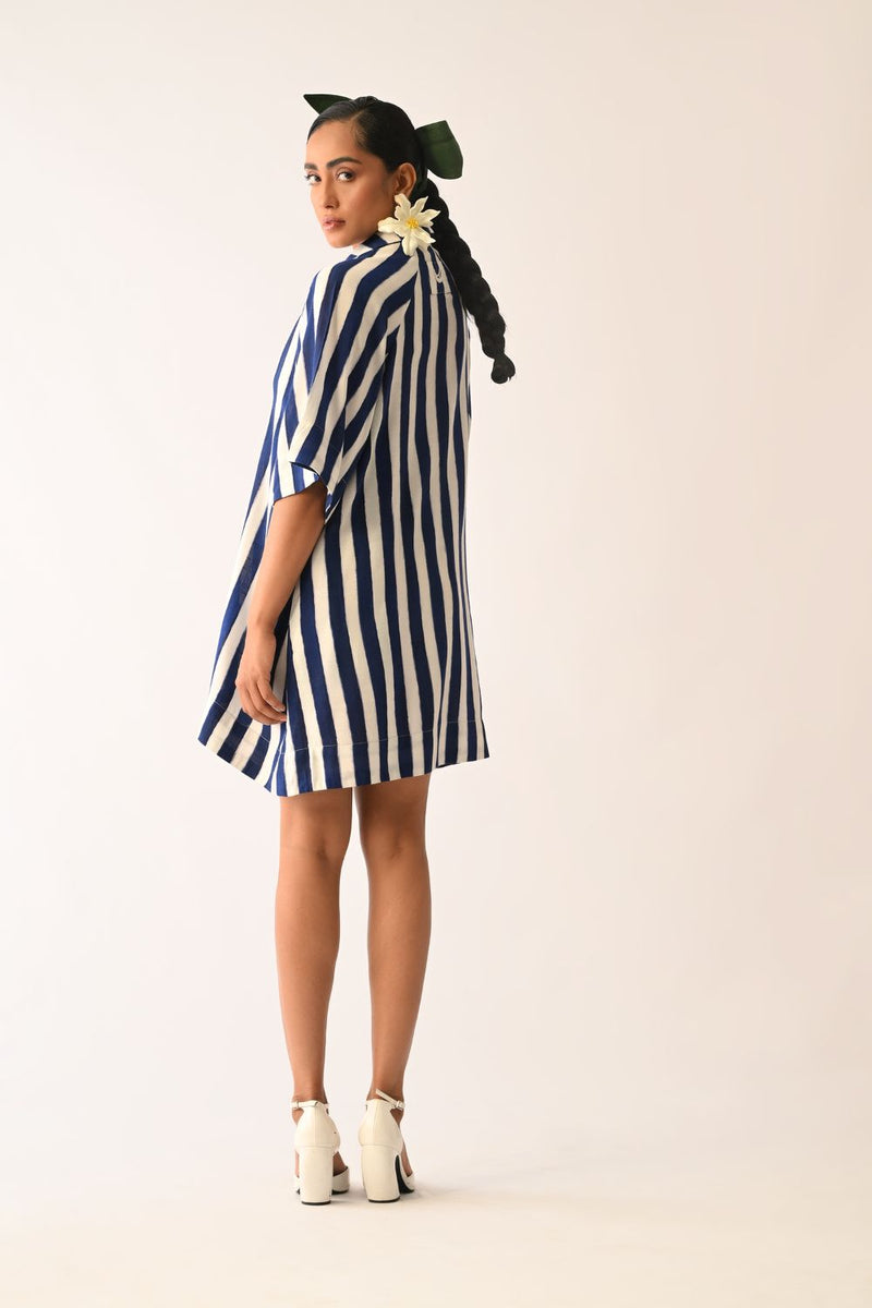 Revolt RB Trench Aline Short Appliqué Dress cotton dress by O'Frida in royal blue & white for women Worldwide