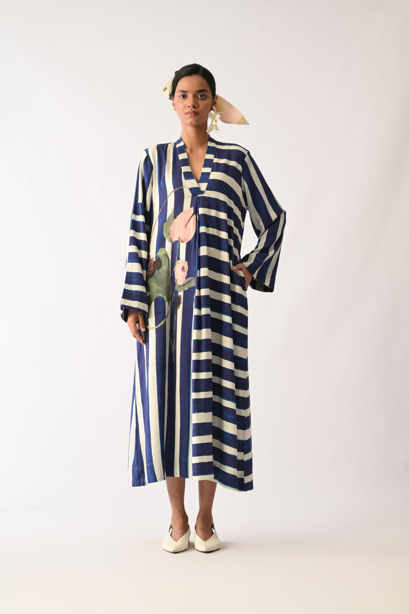 Prussian Aline Dress twill slub dress by O'Frida in royal blue & white for women Worldwide