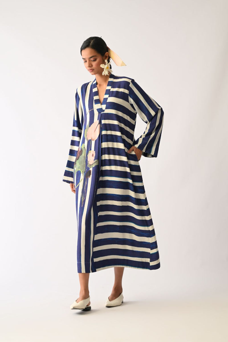 Prussian Aline Dress twill slub dress by O'Frida in royal blue & white for women Worldwide