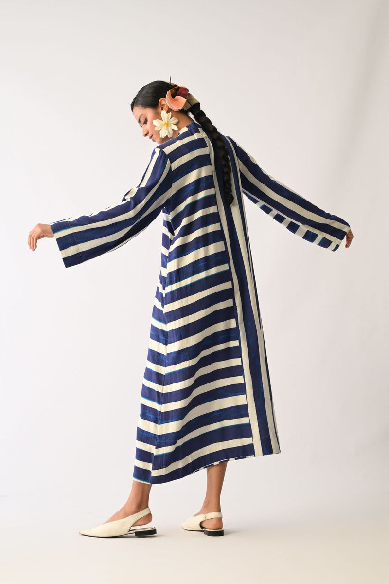 Prussian Aline Dress twill slub dress by O'Frida in royal blue & white for women Worldwide
