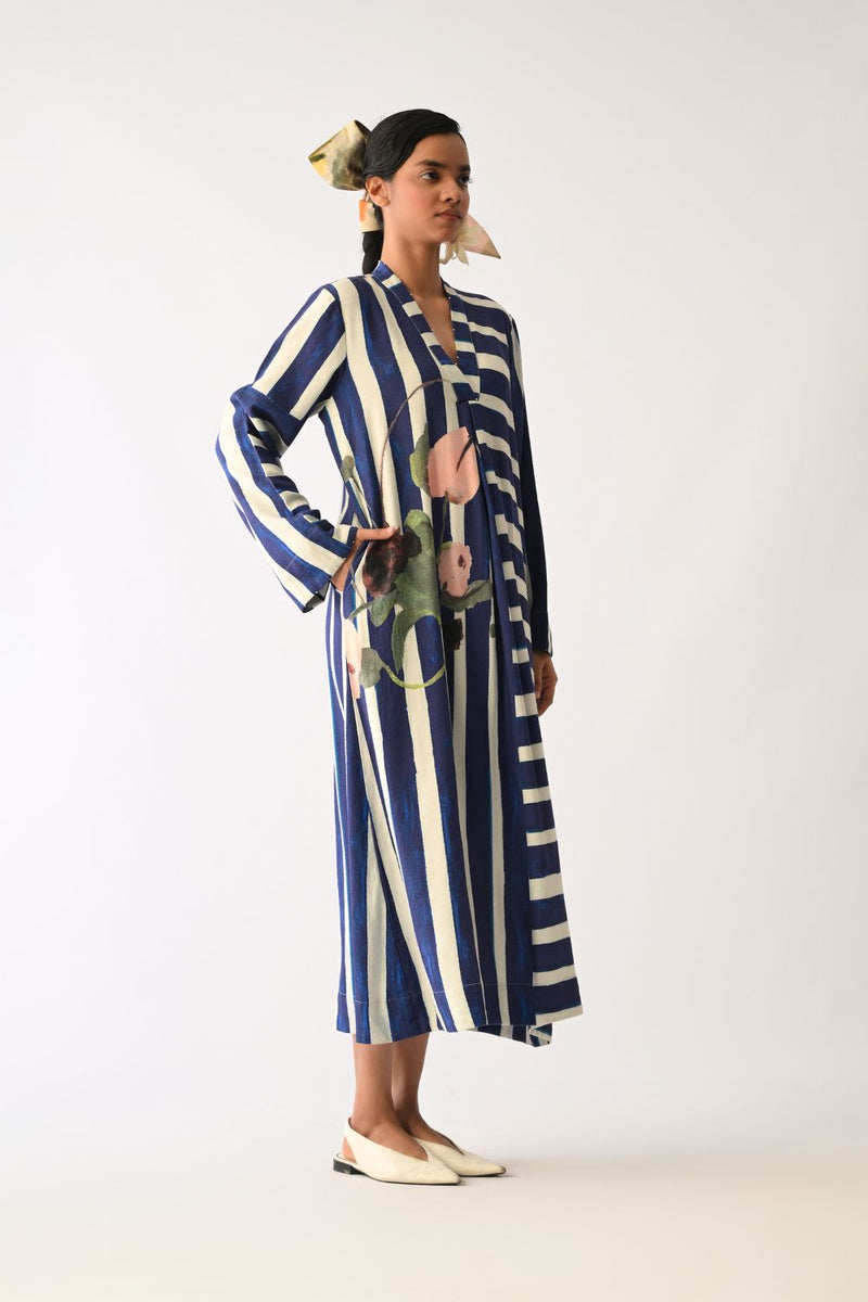 Prussian Aline Dress twill slub dress by O'Frida in royal blue & white for women Worldwide