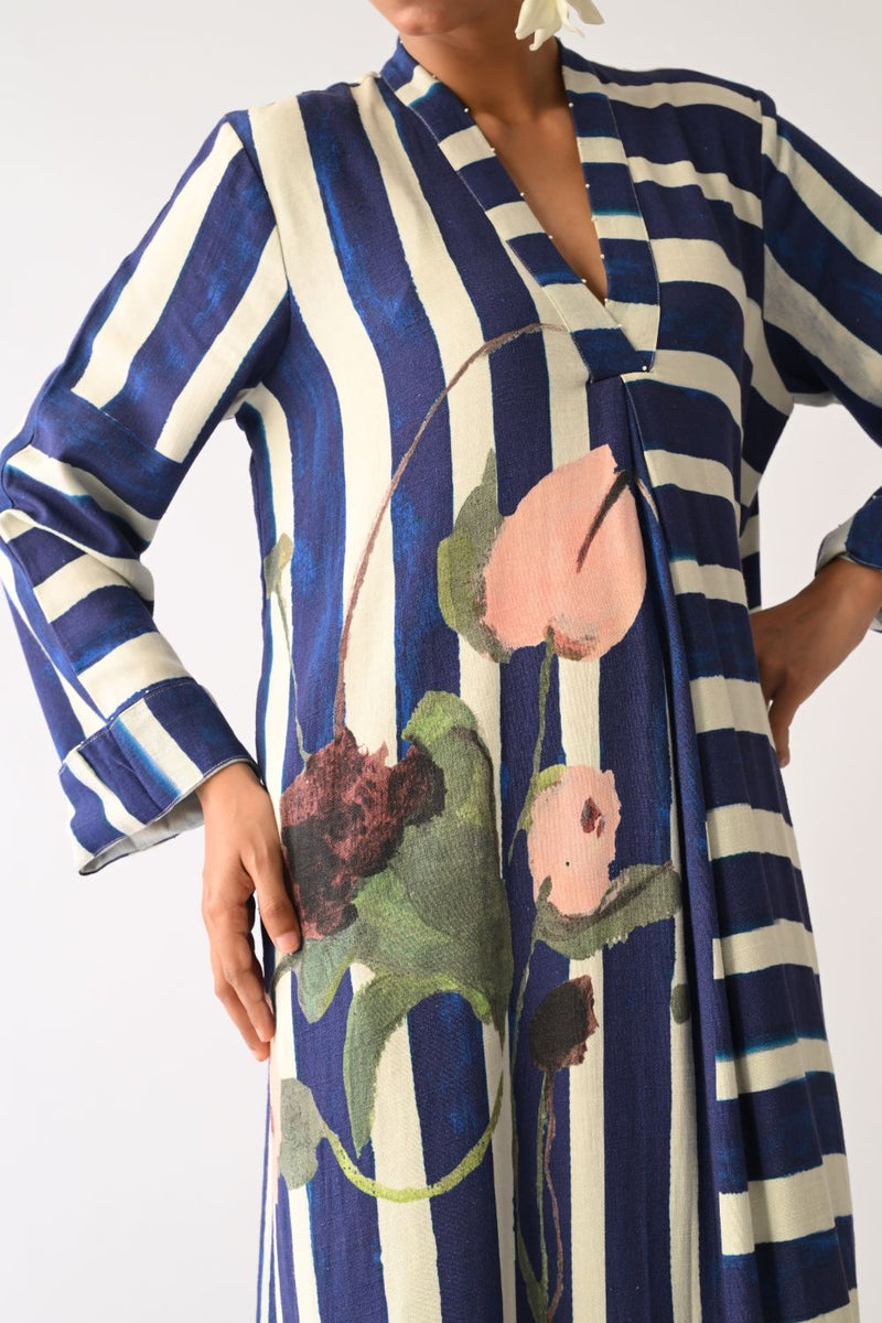 Prussian Aline Dress twill slub dress by O'Frida in royal blue & white for women Worldwide