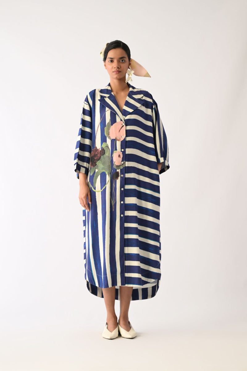 Prussian Trench Dress twill slub dress by O'Frida in royal blue & white for women Worldwide