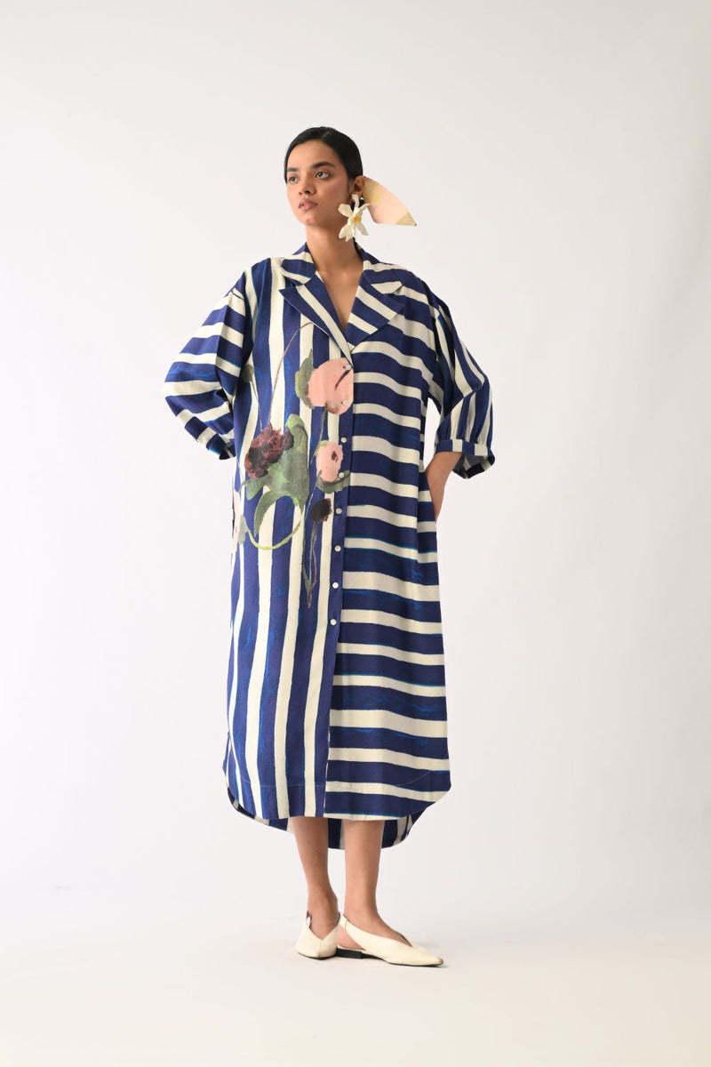 Prussian Trench Dress twill slub dress by O'Frida in royal blue & white for women Worldwide