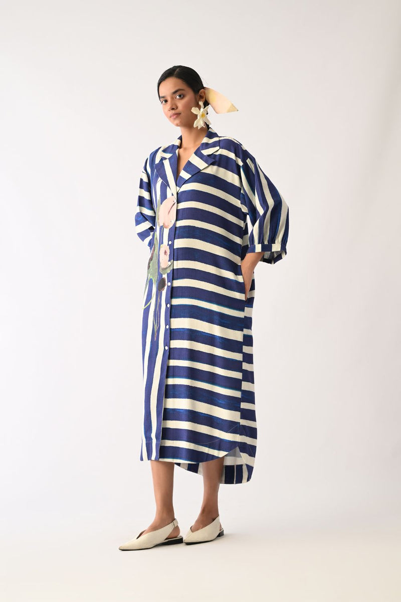 Prussian Trench Dress twill slub dress by O'Frida in royal blue & white for women Worldwide