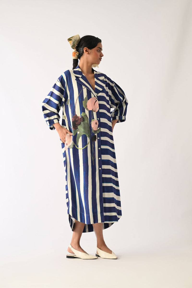 Prussian Trench Dress twill slub dress by O'Frida in royal blue & white for women Worldwide