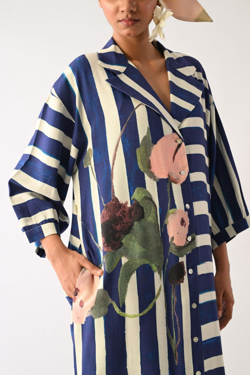 Prussian Trench Dress twill slub dress by O'Frida in royal blue & white for women Worldwide