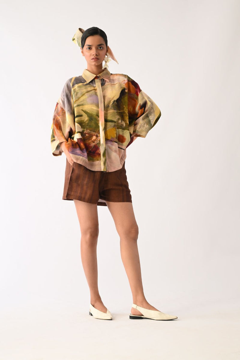 Brown Stripes Shorts cotton shorts-for-women by O'Frida in brown for women Worldwide