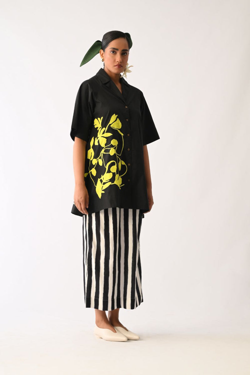 Mono Black Cuban Appliqué Shirt Set poplin co-ord set by O'Frida in black & white for women Worldwide