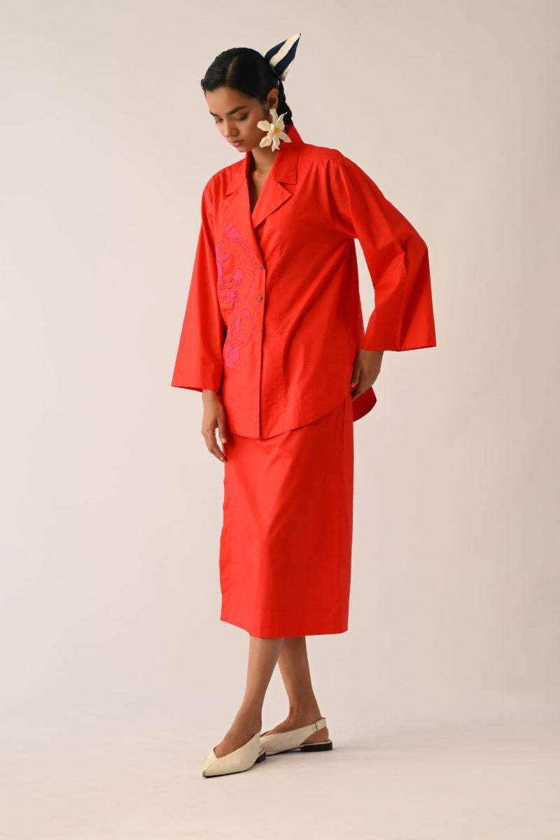 Mono Crimson Psyflora Appliqué Set poplin co-ord set by O'Frida in crimson for women Worldwide