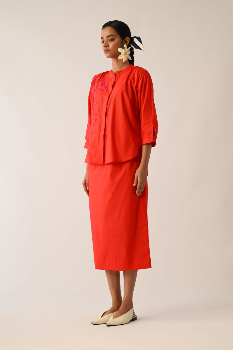 Mono Crimson Appliqué Skirt Set poplin co-ord set by O'Frida in crimson for women Worldwide