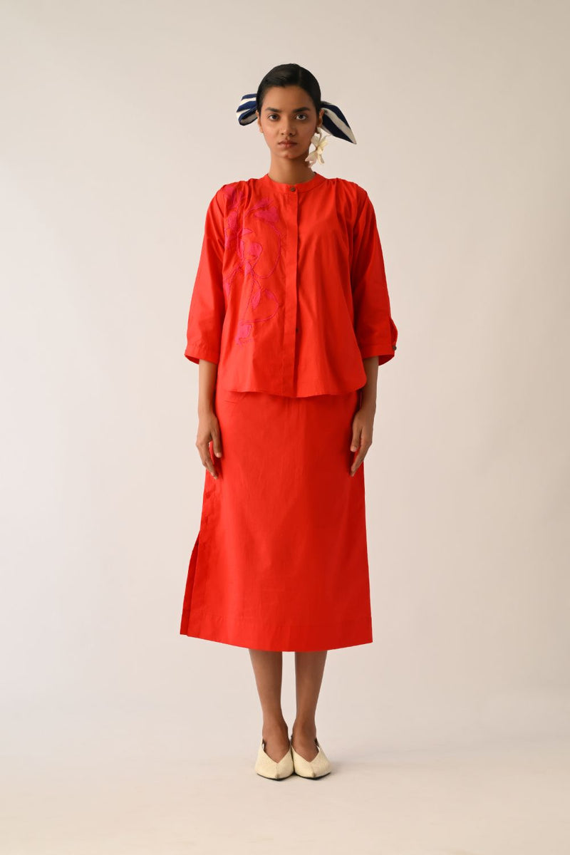 Mono Crimson Appliqué Skirt Set poplin co-ord set by O'Frida in crimson for women Worldwide
