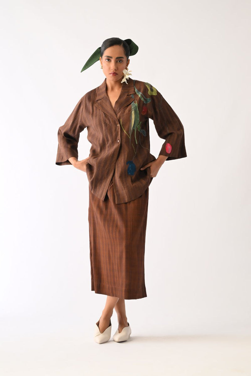 Brown Psyflora Appliqué Shirt Set cotton co-ord set by O'Frida in brown for women Worldwide