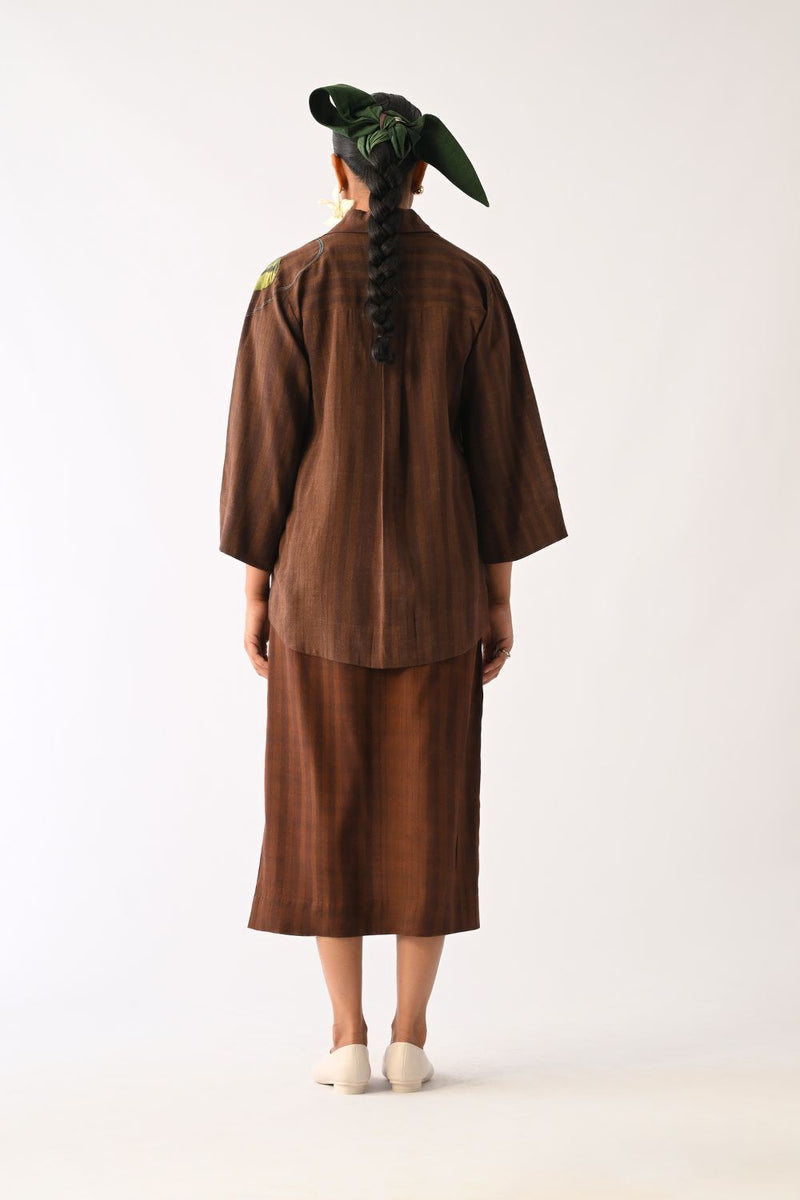 Brown Psyflora Appliqué Shirt Set cotton co-ord set by O'Frida in brown for women Worldwide