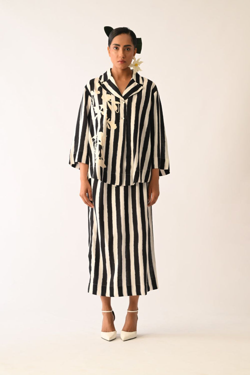 Revolt B&W Psyflora Appliqué Shirt Set cotton co-ord set by O'Frida in black & white for women Worldwide