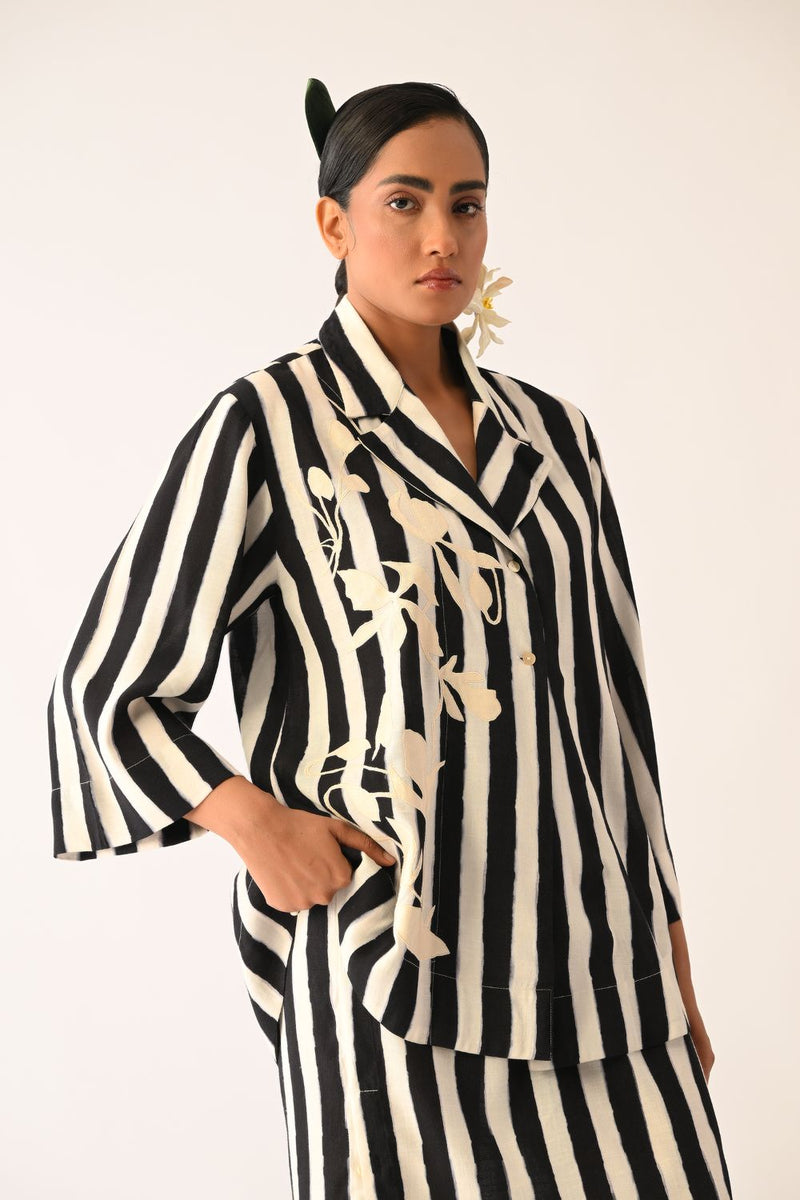 Revolt B&W Psyflora Appliqué Shirt Set cotton co-ord set by O'Frida in black & white for women Worldwide