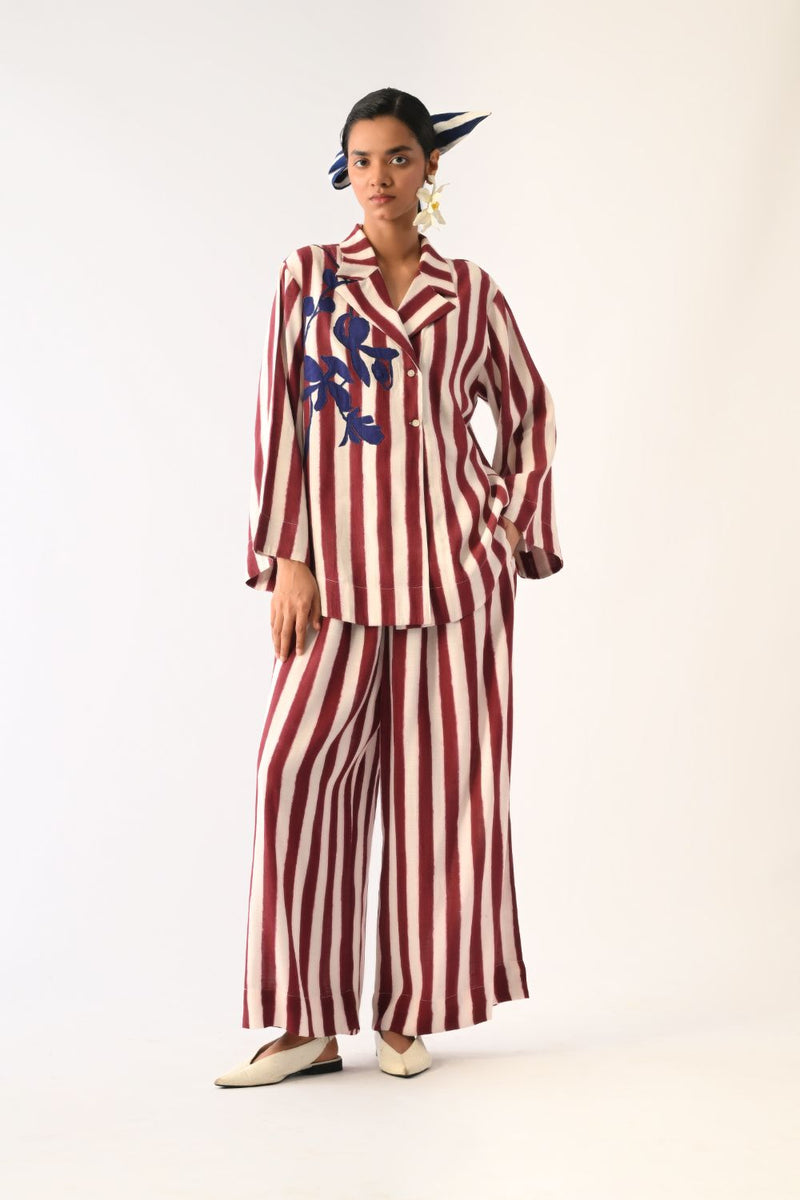 Revolt Bric Psyflora Appliqué Shirt Set cotton co-ord set by O'Frida in red & white for women Worldwide