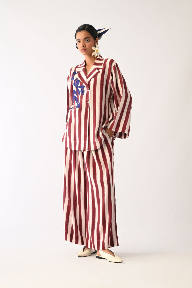 Revolt Bric Psyflora Appliqué Shirt Set cotton co-ord set by O'Frida in red & white for women Worldwide