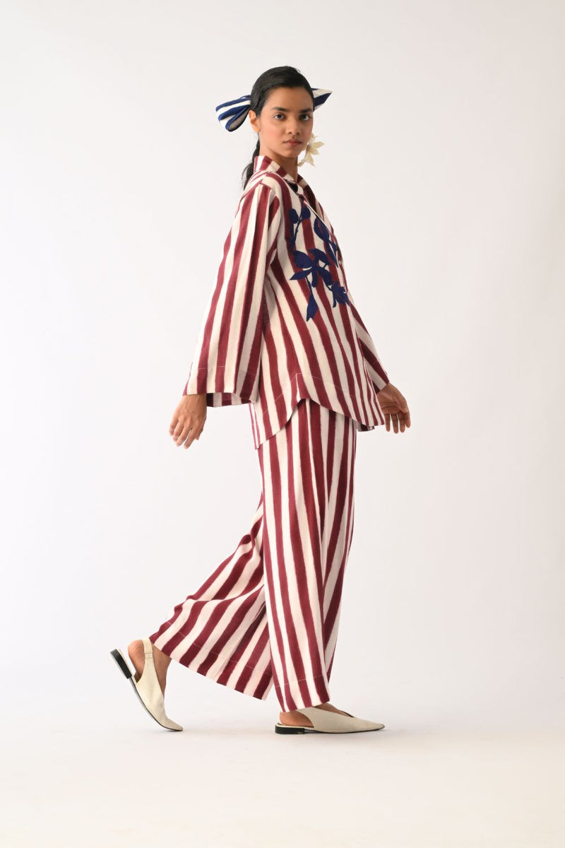 Revolt Bric Psyflora Appliqué Shirt Set cotton co-ord set by O'Frida in red & white for women Worldwide