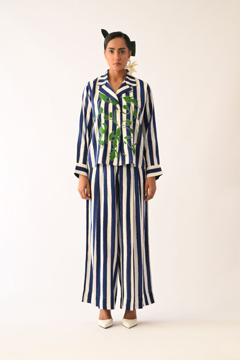 Revolt RB Cuban Collar Appliqué Shirt Set cotton co-ord set by O'Frida in royal blue & white for women Worldwide