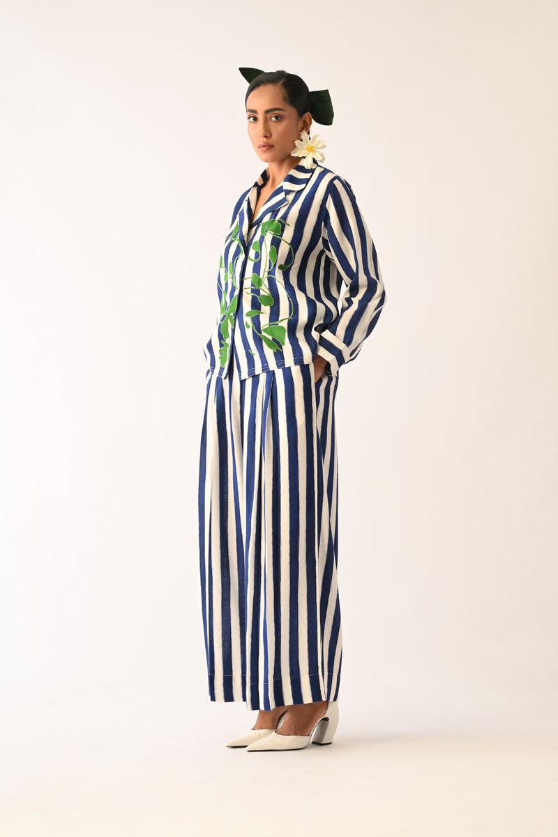 Revolt RB Cuban Collar Appliqué Shirt Set cotton co-ord set by O'Frida in royal blue & white for women Worldwide