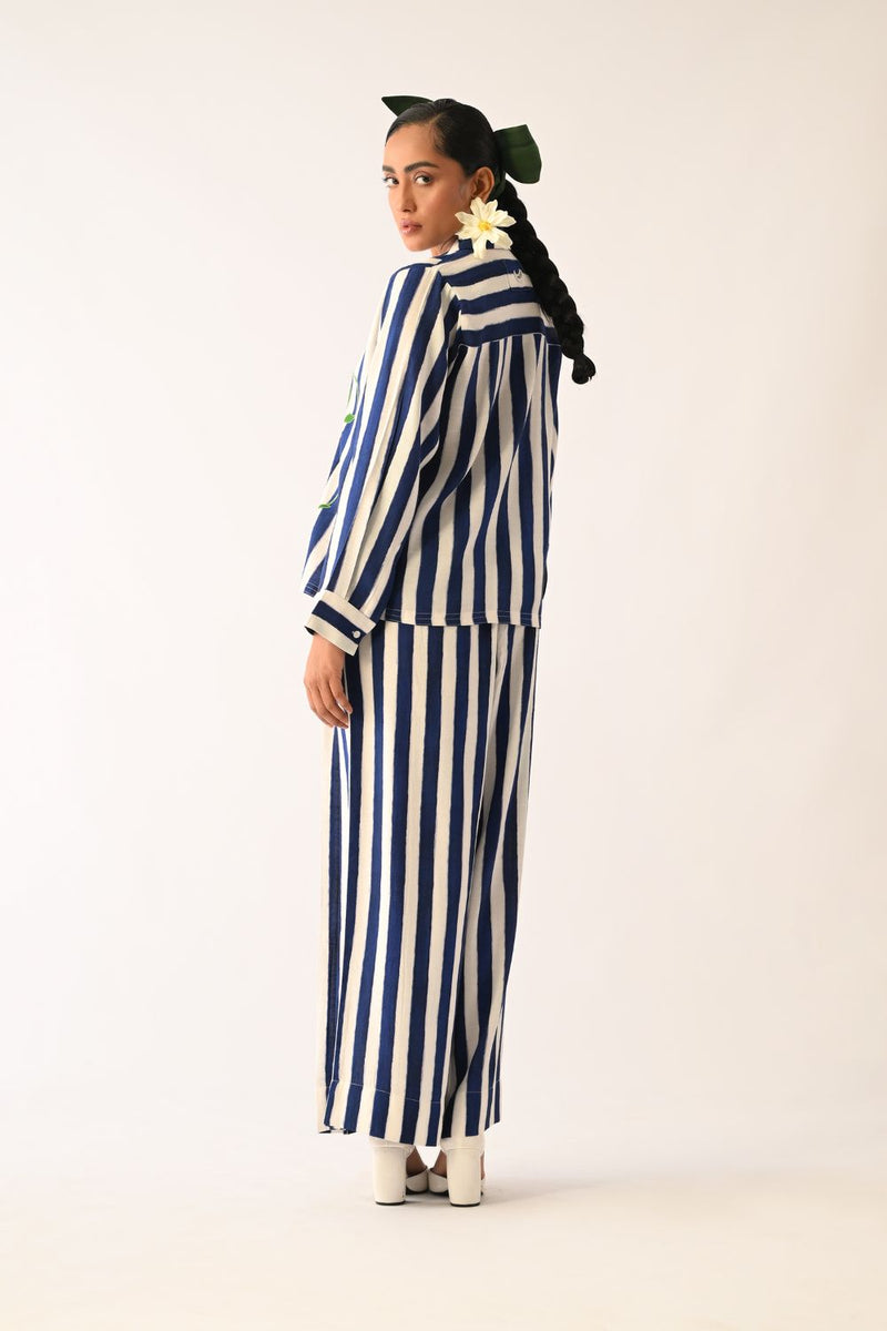 Revolt RB Cuban Collar Appliqué Shirt Set cotton co-ord set by O'Frida in royal blue & white for women Worldwide