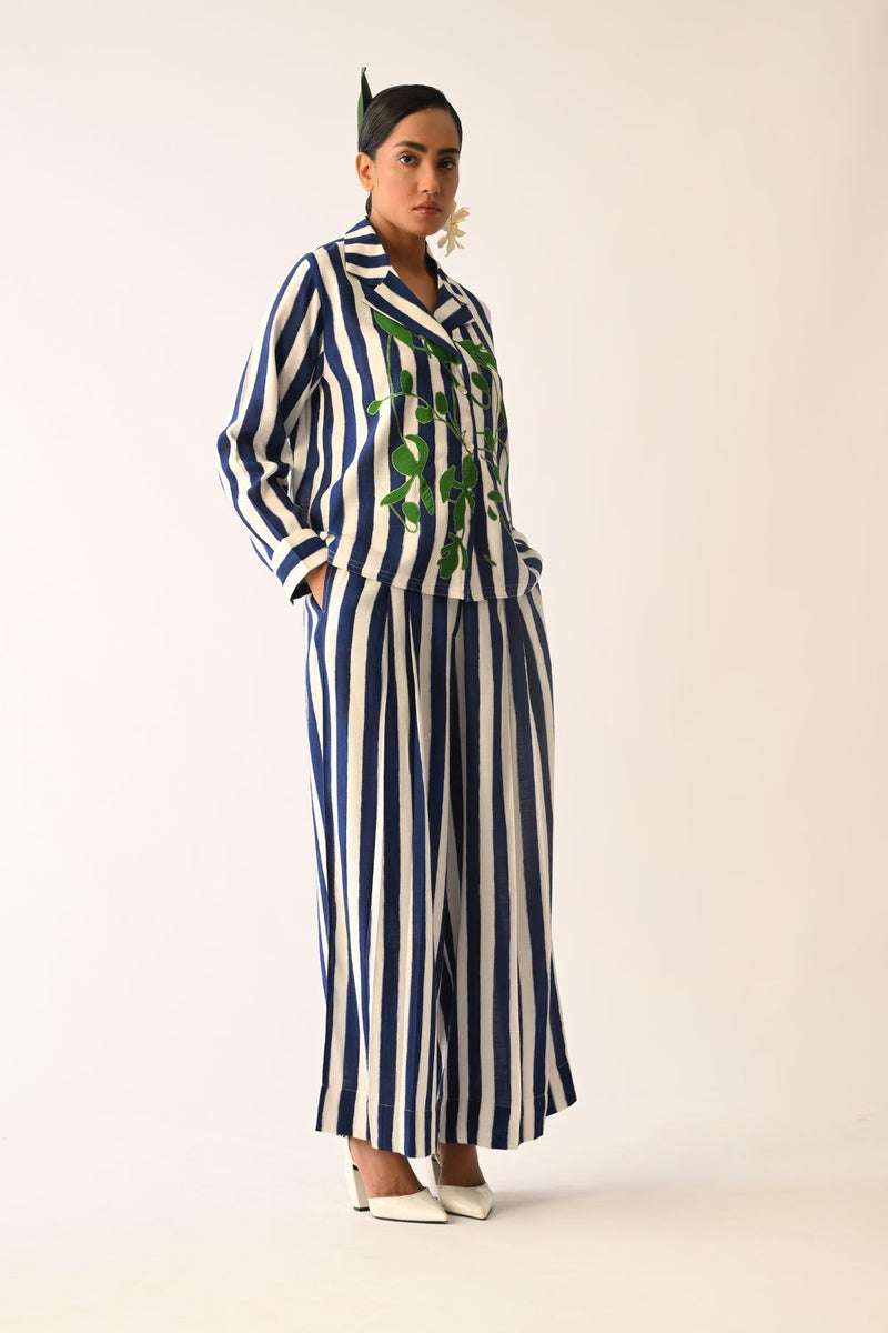 Revolt RB Cuban Collar Appliqué Shirt Set cotton co-ord set by O'Frida in royal blue & white for women Worldwide