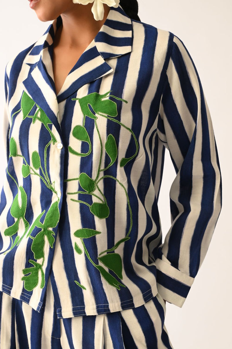 Revolt RB Cuban Collar Appliqué Shirt Set cotton co-ord set by O'Frida in royal blue & white for women Worldwide