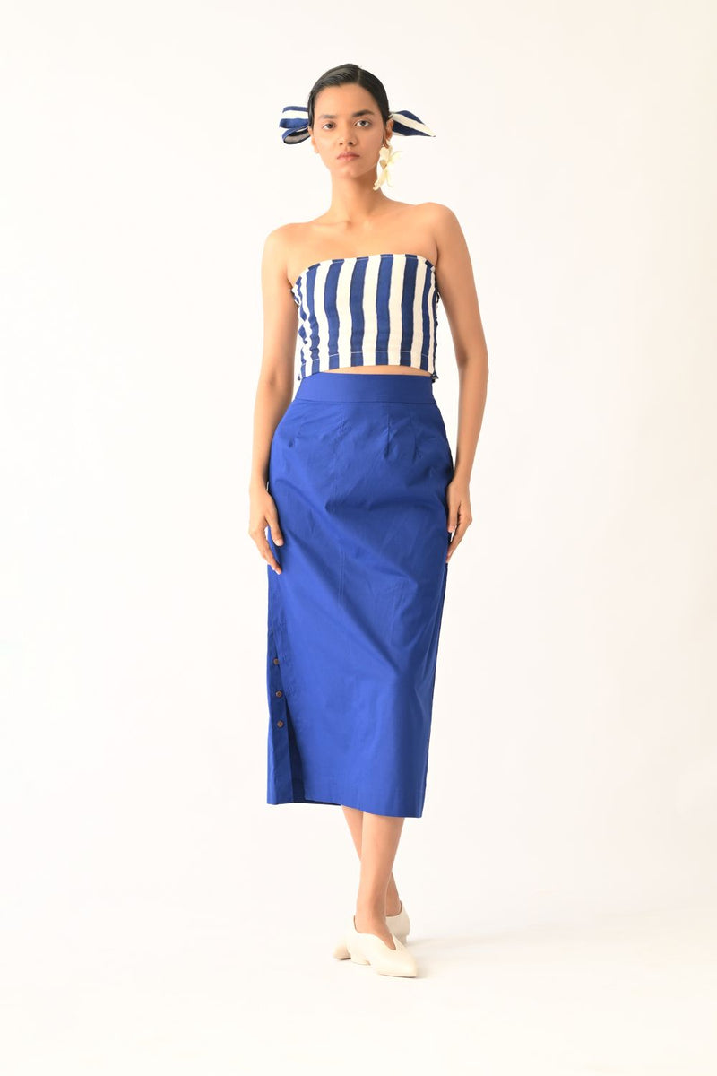 Revolt RB Bralette Skirt Set twill slub co-ord set by O'Frida in royal blue & white for women Worldwide