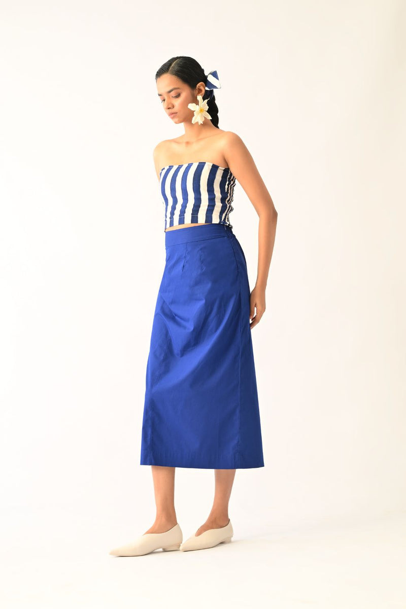 Revolt RB Bralette Skirt Set twill slub co-ord set by O'Frida in royal blue & white for women Worldwide