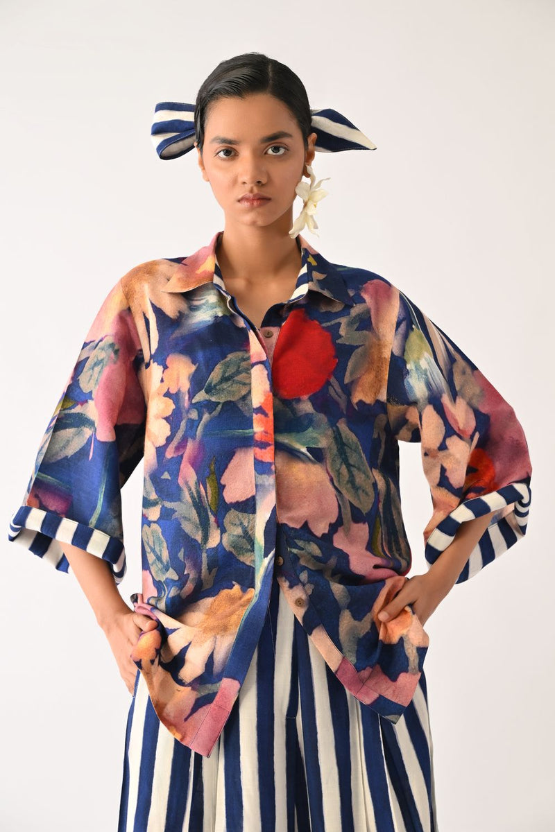 Liberty RB Ivy Shirt Set cotton co-ord set by O'Frida in royal blue for women Worldwide
