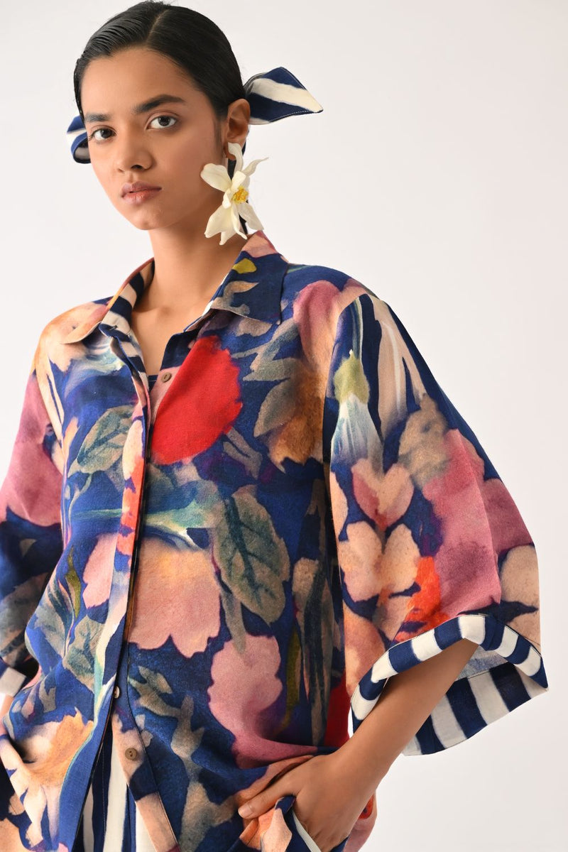 Liberty RB Ivy Shirt Set cotton co-ord set by O'Frida in royal blue for women Worldwide