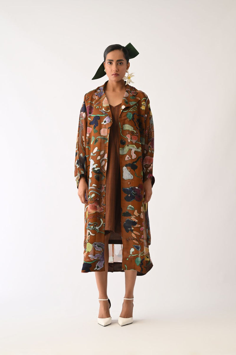 Luminia Brown Wrap Set organza cotton co-ord set by O'Frida in brown for women Worldwide