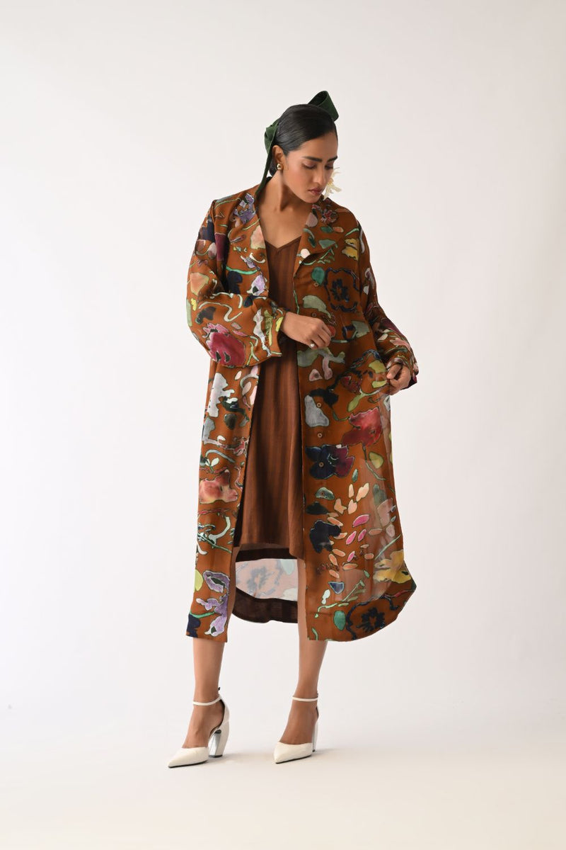 Luminia Brown Wrap Set organza cotton co-ord set by O'Frida in brown for women Worldwide