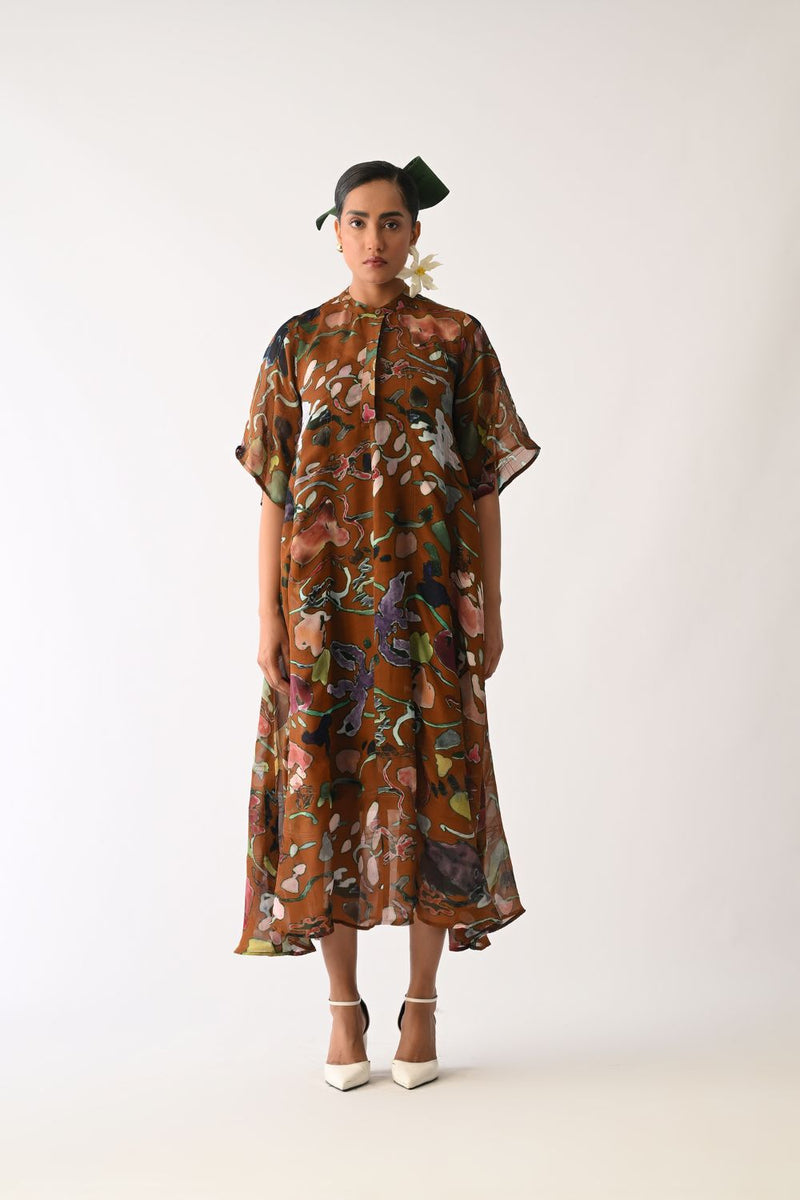 Luminia Brown Overlay Set organza cotton co-ord set by O'Frida in brown for women Worldwide
