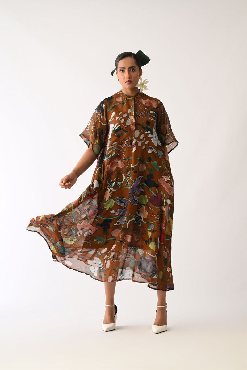 Luminia Brown Overlay Set organza cotton co-ord set by O'Frida in brown for women Worldwide