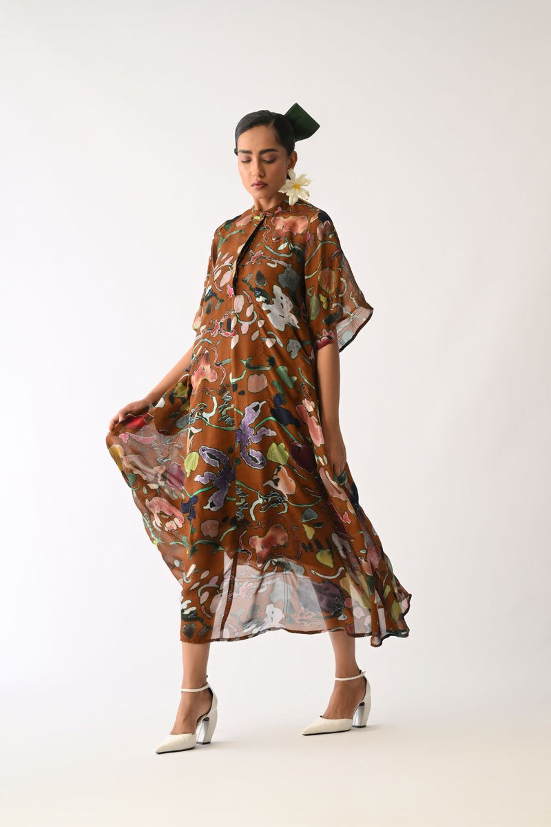 Luminia Brown Overlay Set organza cotton co-ord set by O'Frida in brown for women Worldwide