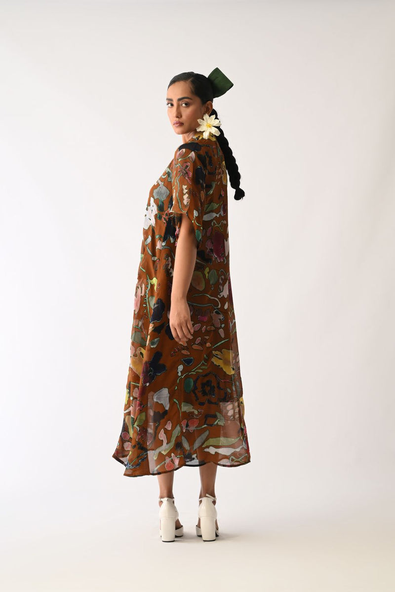 Luminia Brown Overlay Set organza cotton co-ord set by O'Frida in brown for women Worldwide
