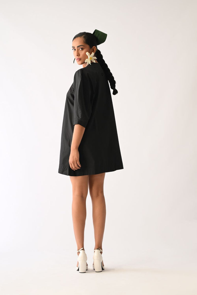 Mono Black Bubble Sleeve Aline Short Appliqué Dress poplin dress by O'Frida in all-black for women Worldwide